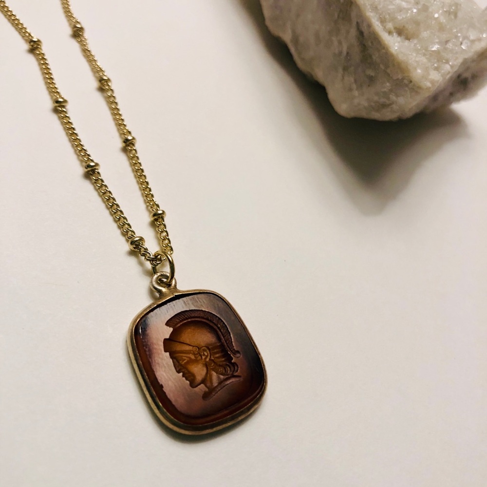 Smoky Quartz Roman Soldier Cameo Gold Necklace - Picture 2 of 9